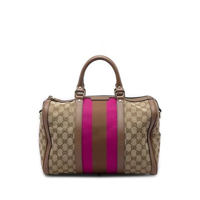 Beige Gucci Medium GG Canvas Web Joy Boston Bag Satchel in Beige Canvas from Designer Revival