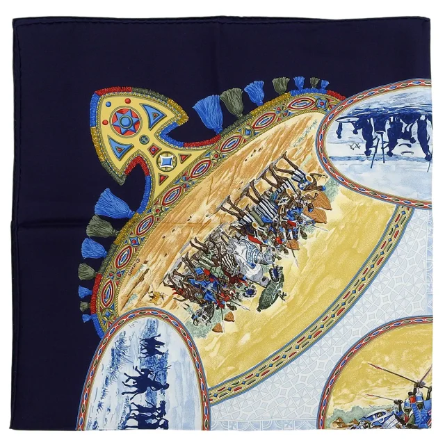 Hermès Carré 90 Cavaliers Peuls Pattern Scarf Navy/Multi in Navy Silk from VINTAGE QOO TOKYO, photo 4 of 10