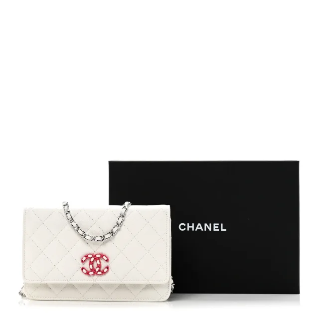 Caviar Quilted Chanel 19 Wallet on Chain WOC White Pink in White Caviar leather from FASHIONPHILE, photo 12 of 12