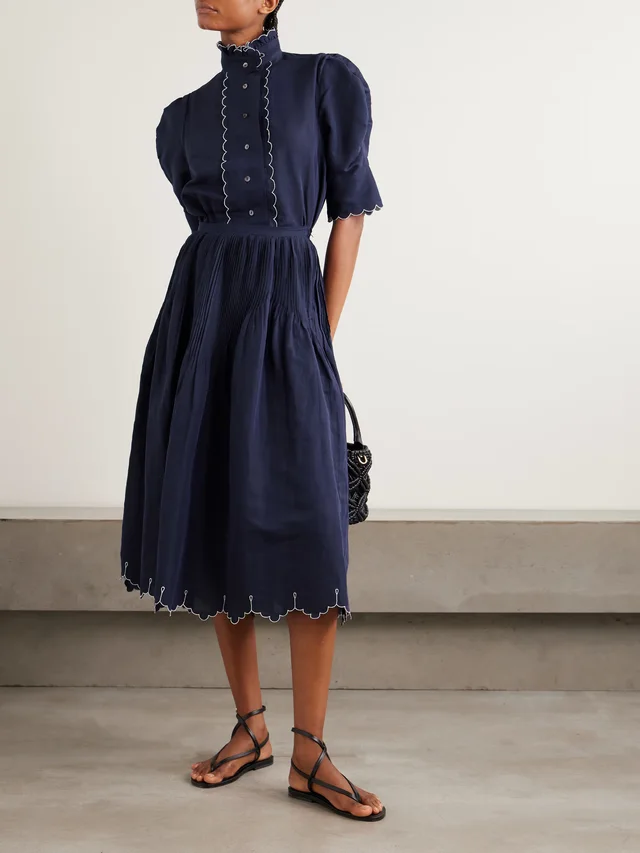 THIERRY COLSON Verde pintucked embroidered cotton and linen-blend midi skirt in Blue, photo 2 of 2 from NET-A-PORTER (Canada)