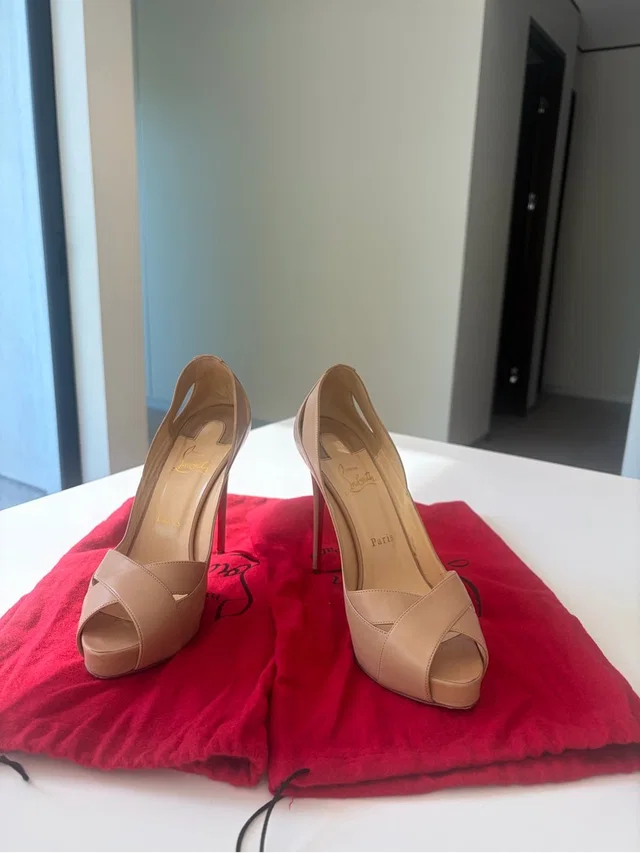 Christian Louboutin Beige Peep-Toe Leather Stiletto Heels in brown|neutral Leather from Poshmark