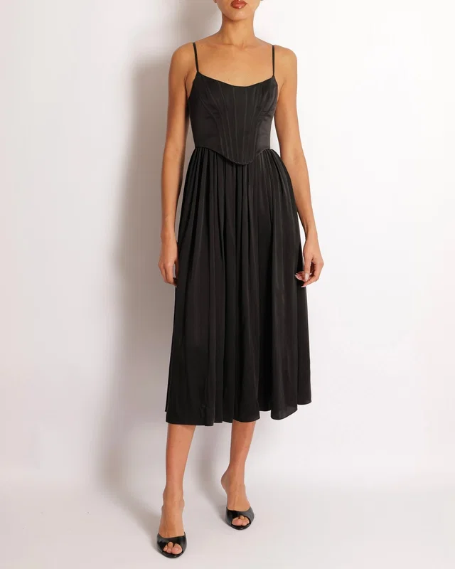 Zimmermann Black Silk Midi Dress with Pleated Skirt and Corset Detail Size 0P (UK 6) in Black Silk from Sellier