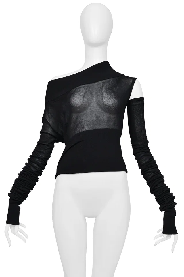 Dolce & Gabbana 2003 Black Mesh High Collar Asymmetrical Top W Detachable Sleeve in Black Nylon from Resurrection Vintage