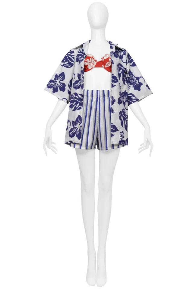 Prada White And Blue Stripe Cotton Mini Shorts in White from Resurrection Vintage