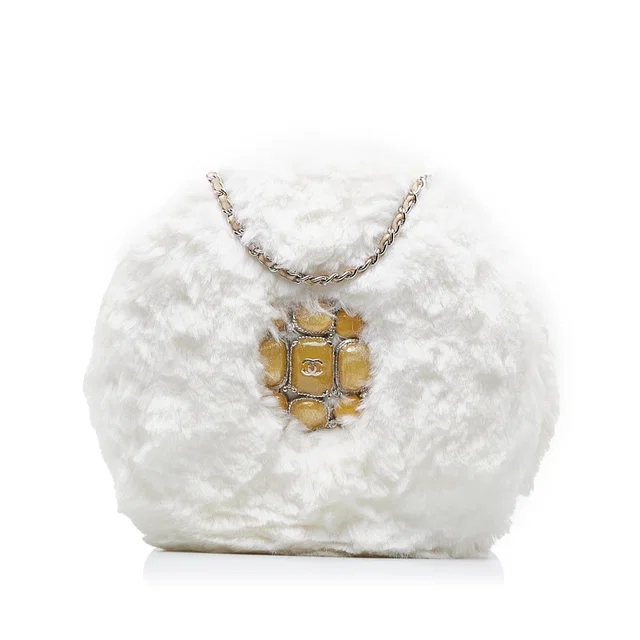 White Chanel CC Crystal Embellished Faux Fur Round Crossbody in White Woven leather from Designer Revival