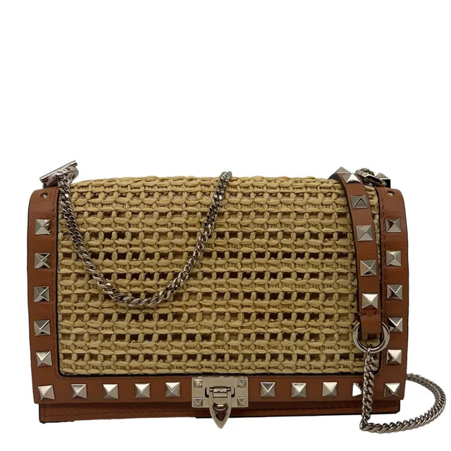 Valentino Garavani Rockstud Raffia Wallet On Chain Crossbody Bag Tan in Brown Raffia from Dallas Designer Handbags