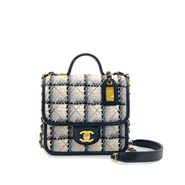 Chanel Matelasse Tweed Chain Hand Shoulder Bag Beige Black Gold Hardware in Black Tweed from Luxury Promise