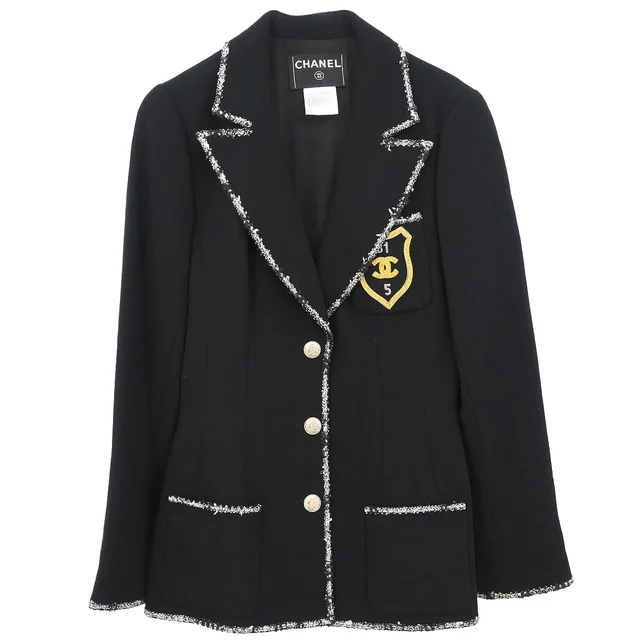 Chanel 2005 Emblem Single Breasted Jacket Black #38 in Black Wool from AMORE Vintage Tokyo