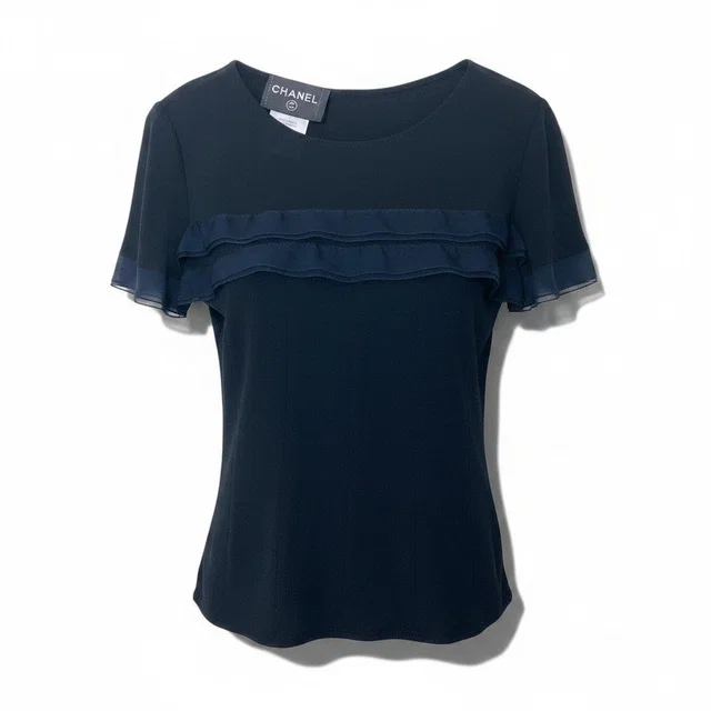 Chanel Ch1 Short Sleeve Knit Sweater CC Logo Button 36 Black 100% Rayon in Black from The Reluxe