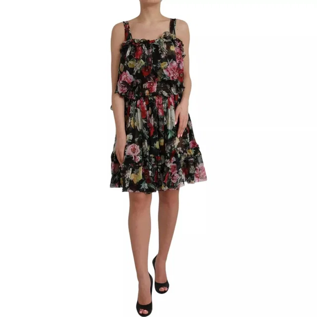 Dolce & Gabbana Dress Black Floral Silk A-line Sleeveless in Black Silk from Luxury Promise
