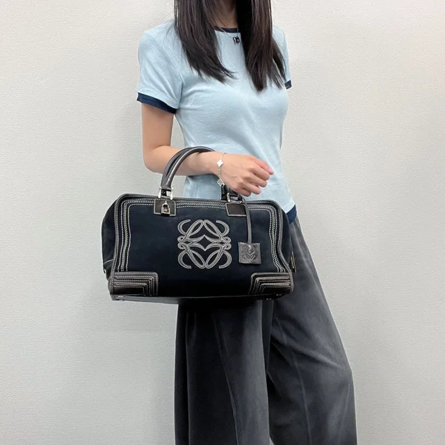 Loewe Anagram Amazona 36 Handbag Suede Leather Navy Dark Brown Vintage in Brown Suede from The Reluxe