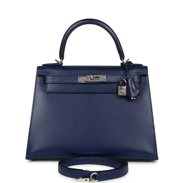 Hermès Kelly Sellier 28 Bleu Saphir Box Palladium Hardware in Blue Calfskin from Madison Avenue Couture