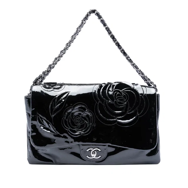 Black Chanel Patent Camellia Flap Bag in Black Patent leather from Designer Revival