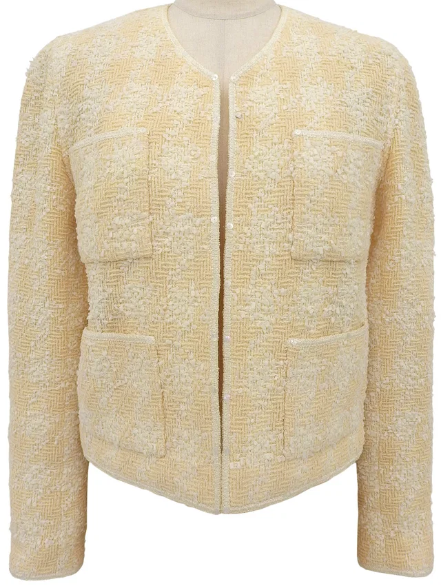 Chanel Tweed Sequin CC Mark Button Collarless Jacket Cream Yellow/Ivory in White Tweed from VINTAGE QOO TOKYO