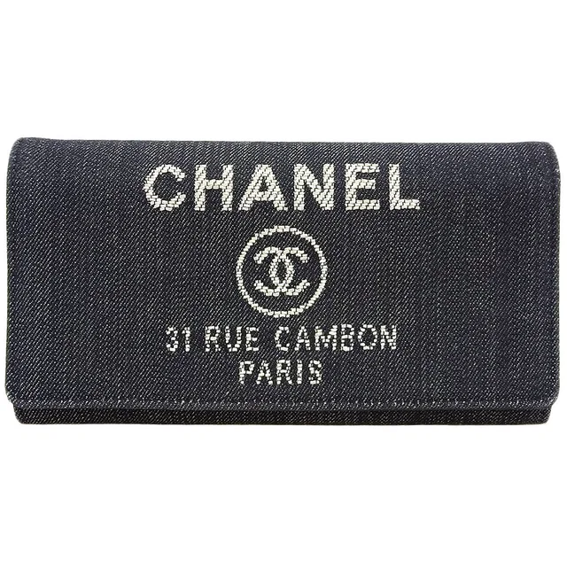 Chanel Circa 2015 Logo Stitch Long Wallet Navy in Navy Denim from VINTAGE QOO TOKYO