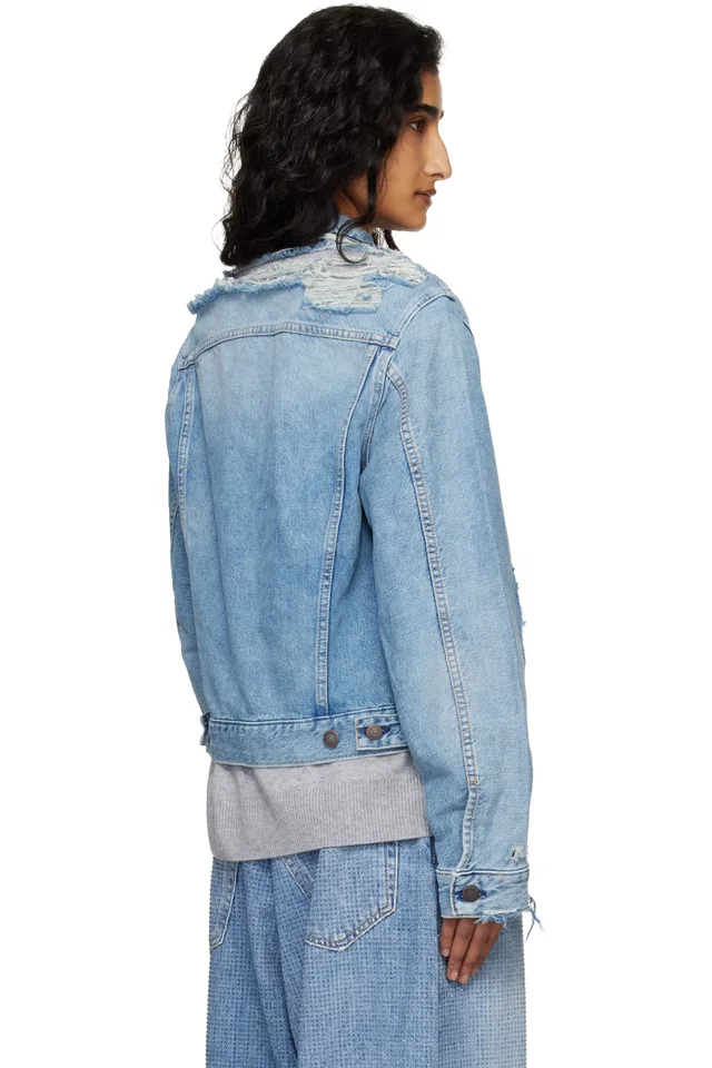 Acne Studios Blue Distressed Denim Jacket, photo 3 of 4 from SSENSE