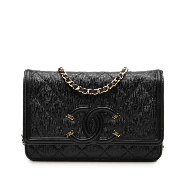 Black Chanel Caviar CC Filigree Wallet On Chain Crossbody Bag in Black Caviar leather from Designer Revival