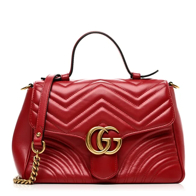 Gucci GG Marmont Small Top Handle Calfskin Matelasse Leather Bag - Hibiscus Red in Red Calfskin from H&T