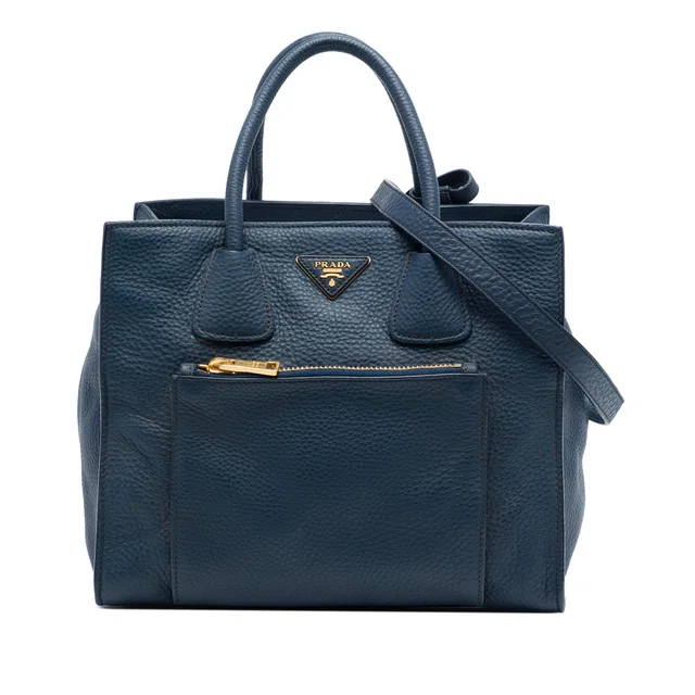 Blue Prada Vitello Daino Front Pocket Open Convertible Tote Satchel in Blue Leather from Designer Revival