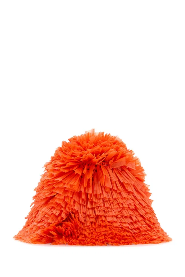 Prada Embellished Raffia Bucket Hat — Orange in Orange Raffia from HEWI