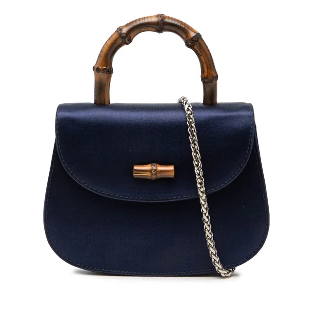 Blue Gucci Mini Satin Bamboo Night Satchel in Blue Satin from Designer Revival