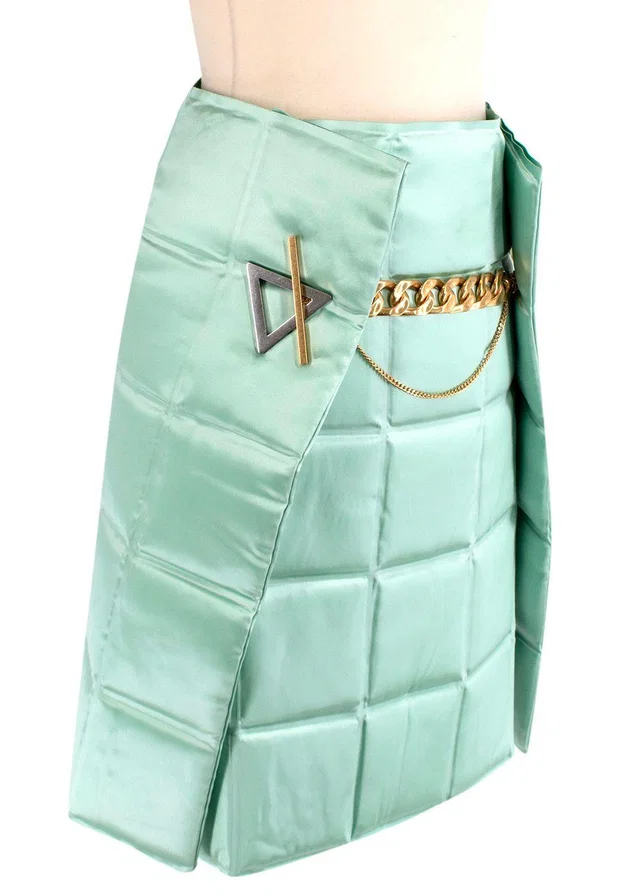 Bottega Veneta Menta Lacquered Matelasse Satin Skirt in Satin from HEWI