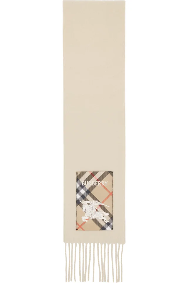 Beige Check Label Cashmere Scarf