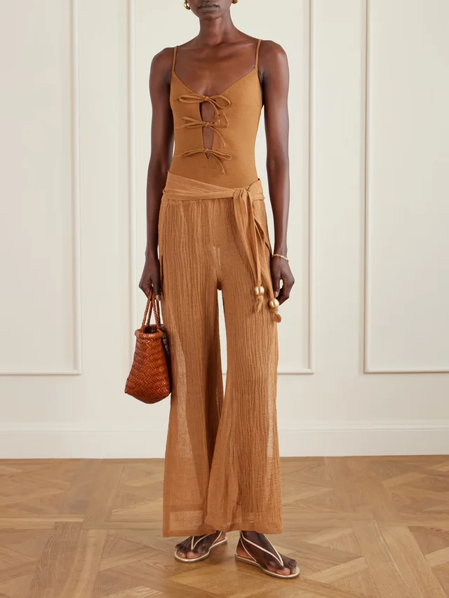 LISA MARIE FERNANDEZ Embellished belted crinkled linen-blend gauze pants in Brown, photo 2 of 2 from NET-A-PORTER (Canada)