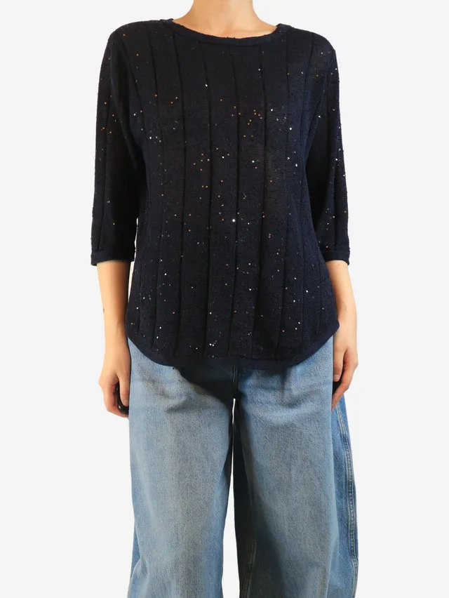 Brunello Cucinelli Navy sequin-embellished sweater - size M in Navy Silk from Sign of the Times