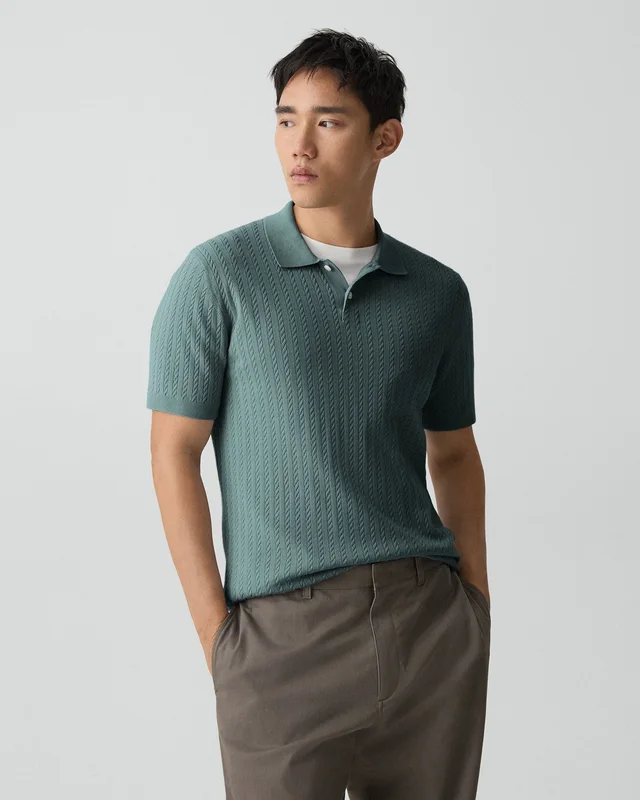 Theory Soris Cable-Knit Polo Shirt in Light Bilen in LIGHT PINE GROVE 62% Viscose, 38% Polyester; Exclusive Of Elastic, photo 2 of 12 from Theory