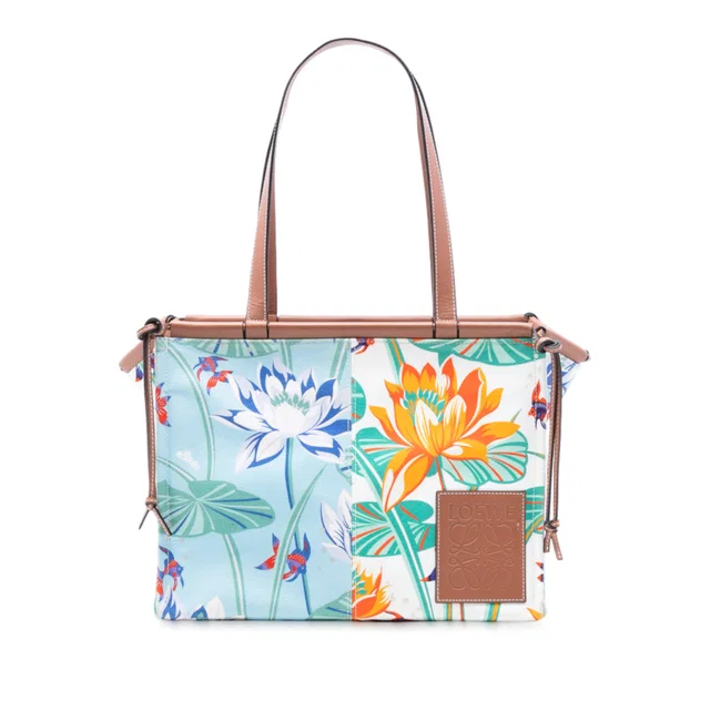Green LOEWE Paulas Ibiza Small Canvas Waterlily Print Cushion Tote in Green Canvas from Designer Revival