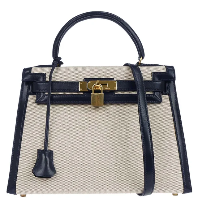 Hermès 1990 Beige Navy Toile H Box Calf Kelly 28 Sellier 2way Shoulder Handbag in Beige Box leather from AMORE Vintage Tokyo