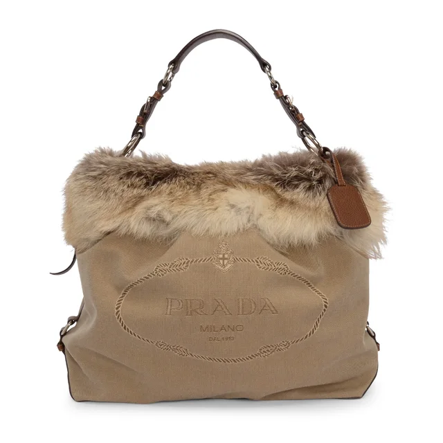 Prada Logo Jacquard and Fur Hobo Bag in Beige from Blue Spinach