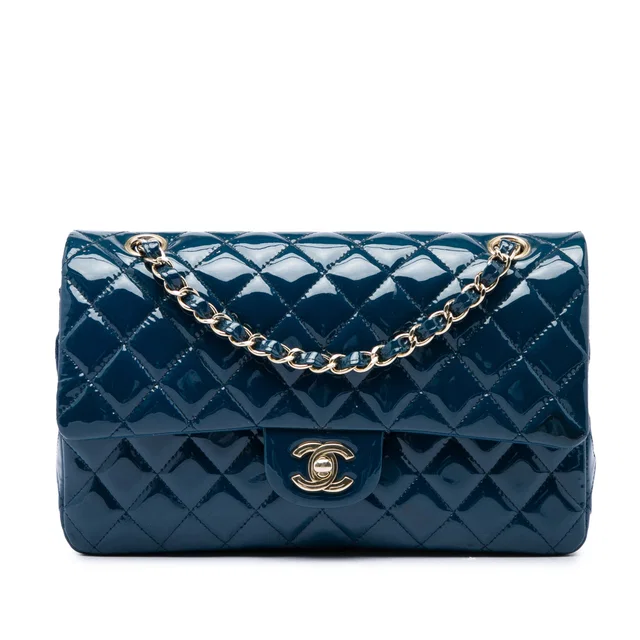 Blue Chanel Medium Classic Patent Double Flap Shoulder Bag in Blue Patent leather from Designer Revival