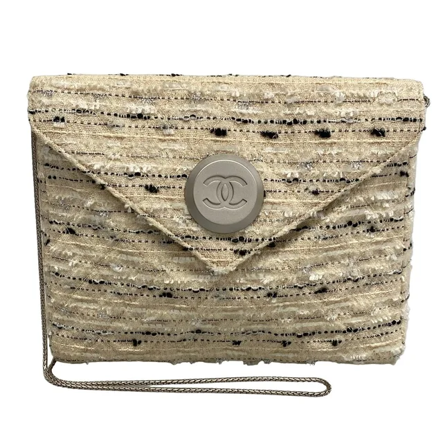 Chanel Shoulder Bag Quilted Beige Silver Multi Chain in Beige Tweed from The Reluxe
