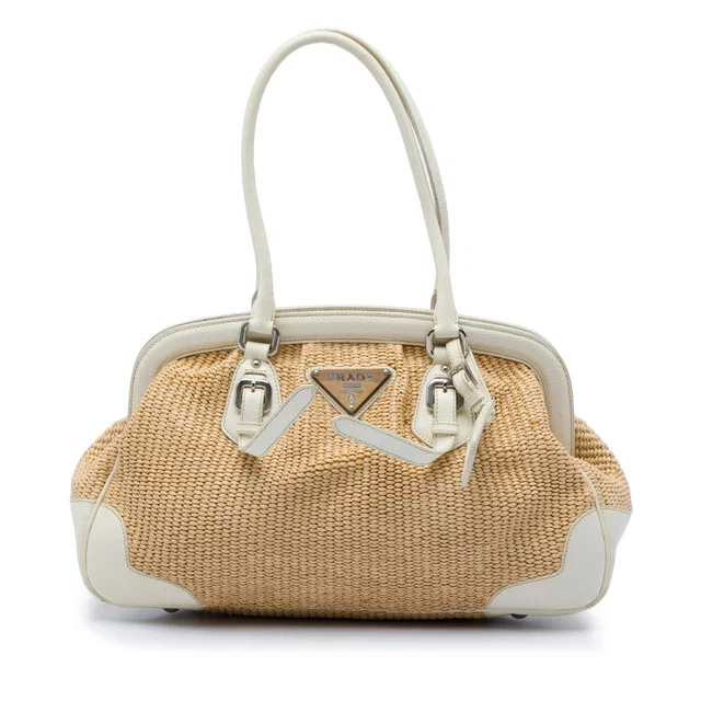 White Prada Raffia Shoulder Bag in White Raffia from Designer Revival