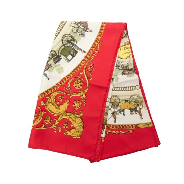 Red Hermès La Promenade De Longchamps Silk Scarf 90 Scarves in Red Silk from Designer Revival