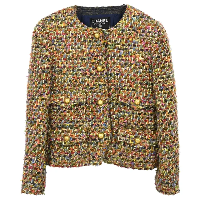 Chanel 1993 Single Breasted Collarless Jacket Tweed Khaki #38 in Green Tweed from AMORE Vintage Tokyo