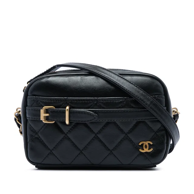 Black Chanel Small Quilted Lambskin Buckle Camera Bag in Black Lambskin from Designer Revival