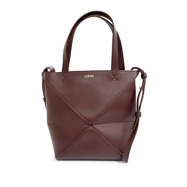 Red LOEWE Mini Shiny Calfskin Puzzle Fold Tote Satchel in Red Calfskin from Designer Revival