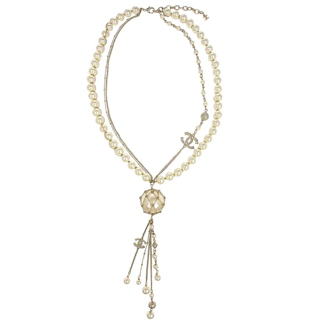 Chanel Chain Necklace Gold Costume Pearl Rhinestone A19C in Gold from AMORE Vintage Tokyo