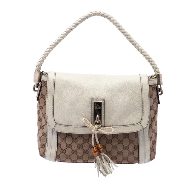 Beige Gucci GG Canvas Bella Flap Satchel in Beige Canvas from Designer Revival