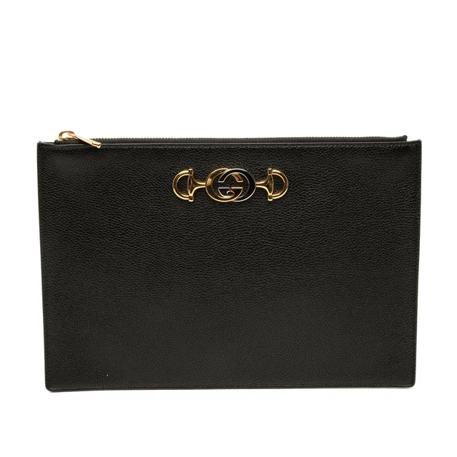 Black Gucci Grained Calfskin Zumi Zip Pouch Clutch Bag in Black Caviar leather from Designer Revival