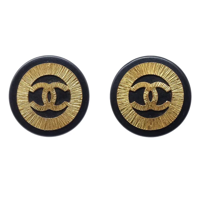 Chanel Button Earrings Black Clip-On 28 in Black from AMORE Vintage Tokyo