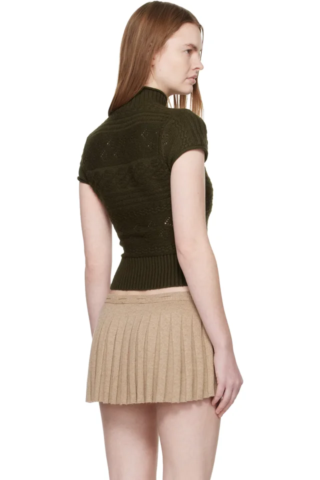 GUIZIO Khaki Vivienne Short Sleeve Cable Turtleneck, photo 3 of 4 from SSENSE