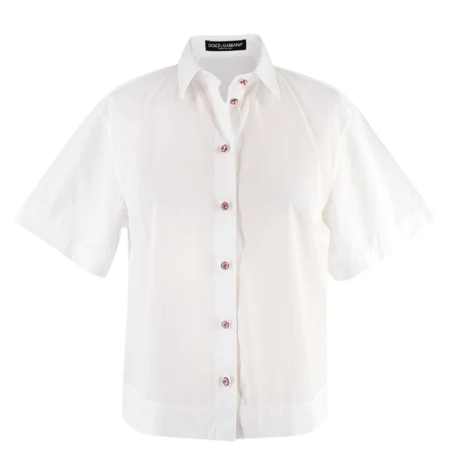 Dolce & Gabbana White Cotton Poplin Shirt with Pink Crystal Buttons in White from HEWI