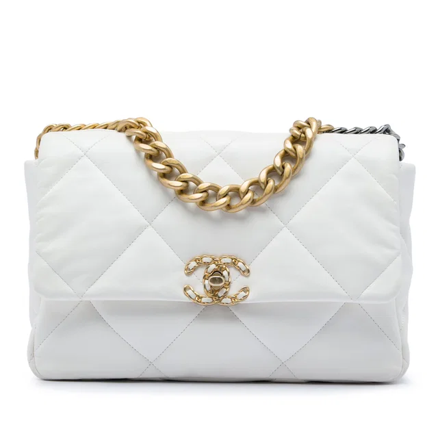White Chanel Large Lambskin 19 Flap Satchel in White Lambskin from Designer Revival