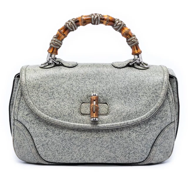 Gray Gucci Large Speckled Leather New Bamboo Top Handle Bag Satchel in Grey Leather from Designer Revival