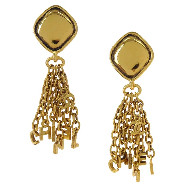 Chanel Gold Rhombus Fringe Dangle Clip-On Earrings in Gold from AMORE Vintage Tokyo