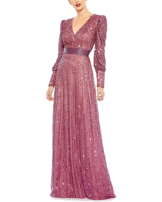 Mac Duggal Sequin Mesh Wrap Over Bishop Sleeve A-Line Gown, image 1 of 1 from Rue La La